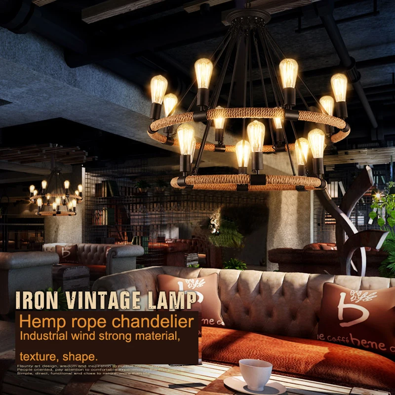 Vintage ročno tkane konoplja vrv kovanega železa lestenec Ameriški industrijski slog ustvarjalne osebnosti cafe gostinstvo lestenec