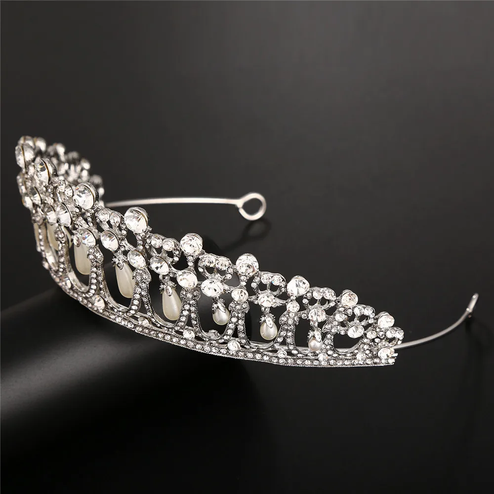 Vintage Silver Plated Kraljica Princesa Diana Krono Kristalno Pearl Diadem Za Poročni Dodatki Za Lase Nevesta Trakovi Tiara De Noiva