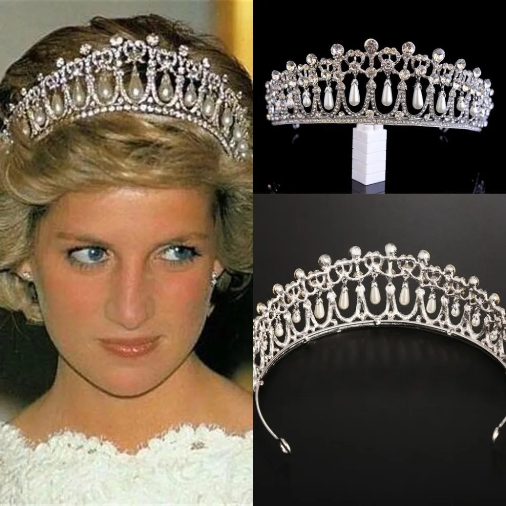 Vintage Silver Plated Kraljica Princesa Diana Krono Kristalno Pearl Diadem Za Poročni Dodatki Za Lase Nevesta Trakovi Tiara De Noiva