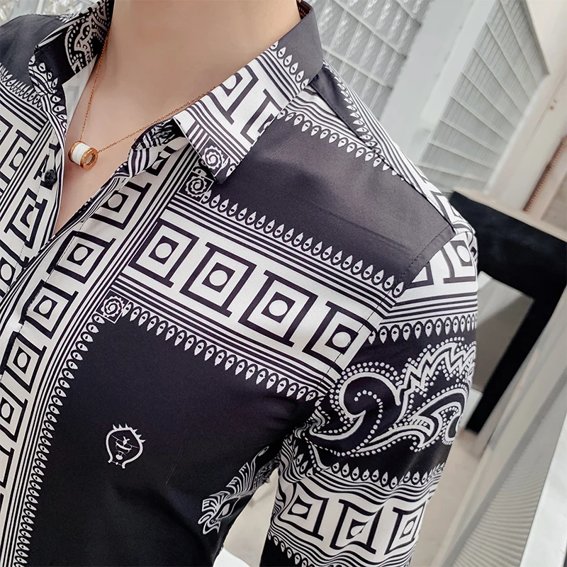 Vintage Srajce za Moške Socialne Črna Majica Dolg Rokav Človek Priložnostne Majice Razkošje Cvetnih Tiskanih Slim Fit Bluzo Modna Oblačila 2020