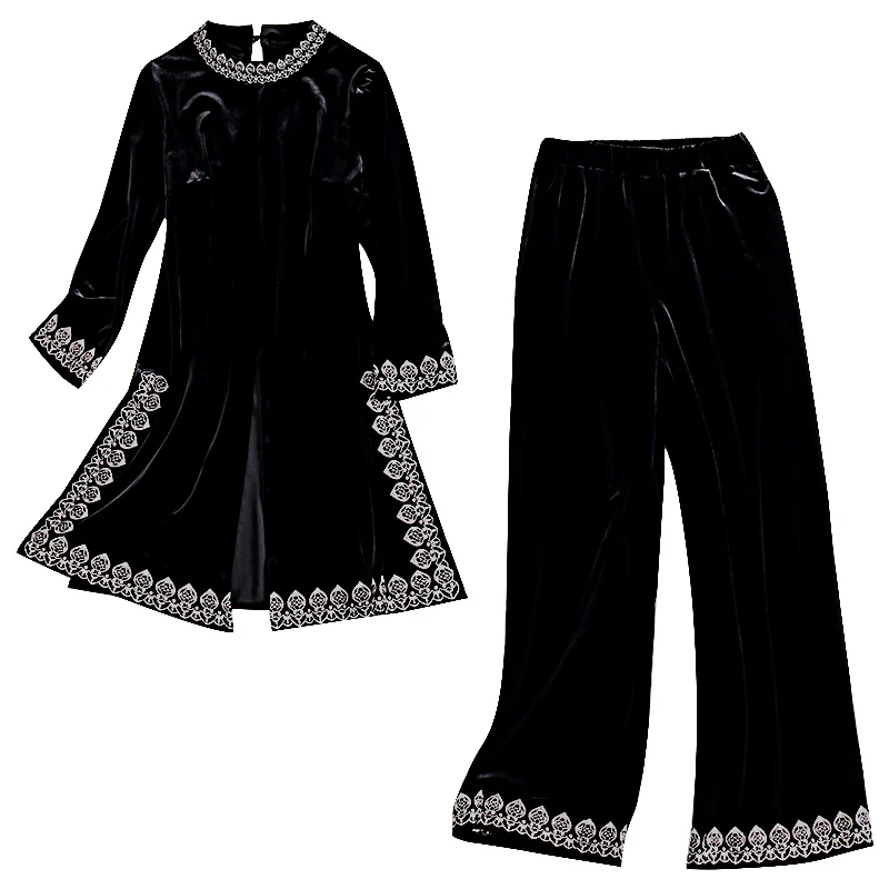 Vintage Črnega Žameta 2 Kos Postavlja Ženske Vezeni Cvetlični Dolgo Vrhovi In Širok Noge, Hlače, Obleke, Kompleti Plus Velikost Priložnostne Žensk Določa