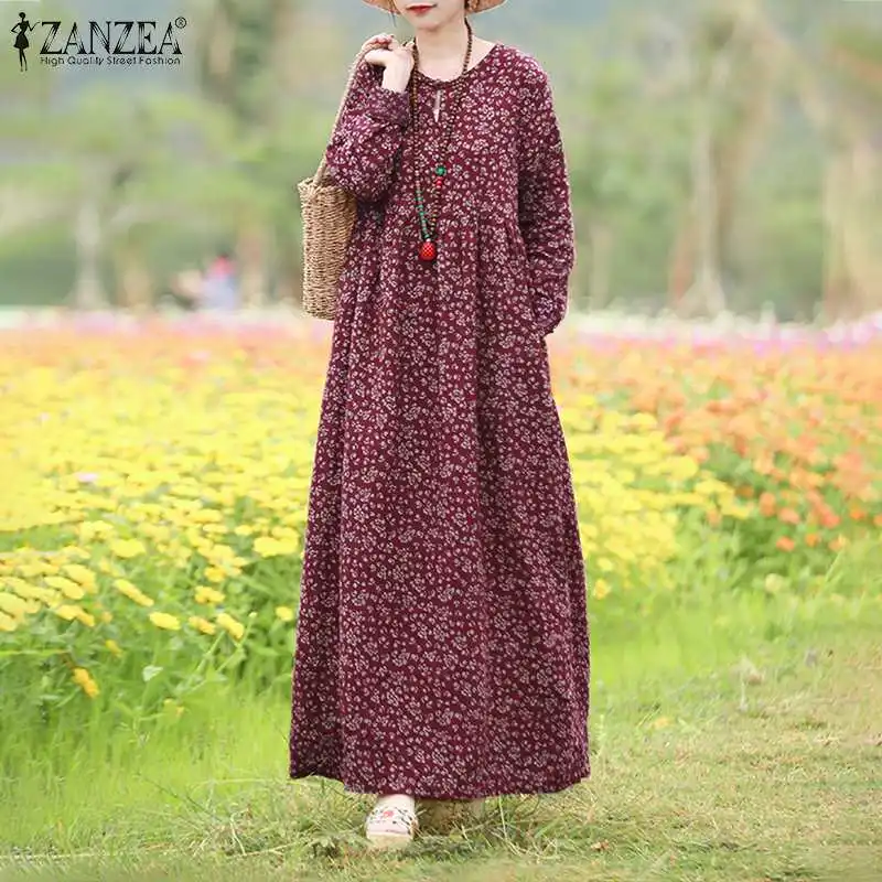 Vintage Žensk Natisnjeni Obleko 2021 ZANZEA Pomlad Sundress Priložnostne Dolg Rokav Maxi Vestidos Ženski Cvetlični Votlih Haljo Preobsežne