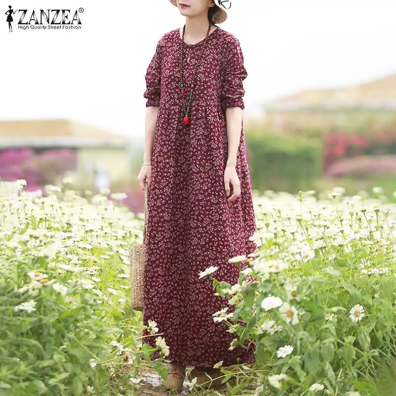 Vintage Žensk Natisnjeni Obleko 2021 ZANZEA Pomlad Sundress Priložnostne Dolg Rokav Maxi Vestidos Ženski Cvetlični Votlih Haljo Preobsežne