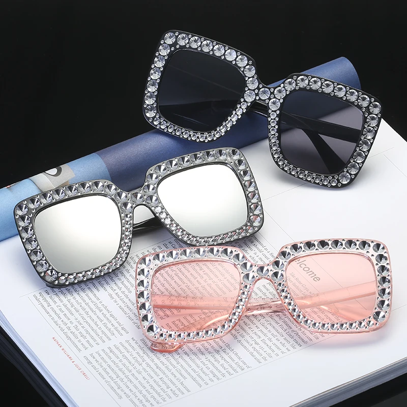 Vintage Ženska Prevelik sončna Očala Luksuzni Bleščečimi Kristali, Roza očala za Sonce, Za Ženske Big Okvir Sqaure Flash Odtenki Očala
