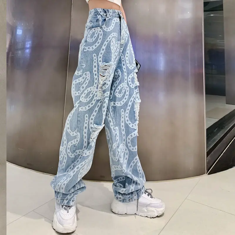 Visok pas, jeans ins ženski Harajuku slog new tide raztrgane stare hlače jeseni divje naravnost zbiranjem hlače