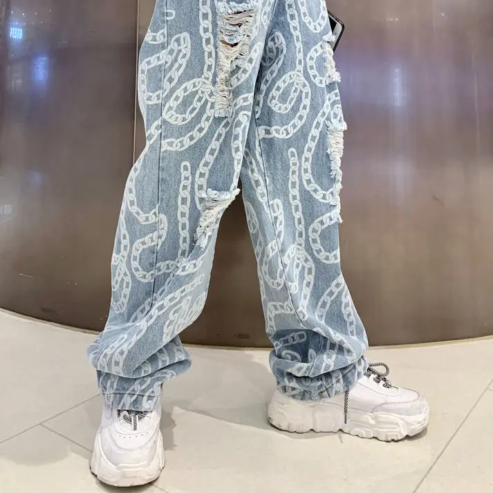 Visok pas, jeans ins ženski Harajuku slog new tide raztrgane stare hlače jeseni divje naravnost zbiranjem hlače