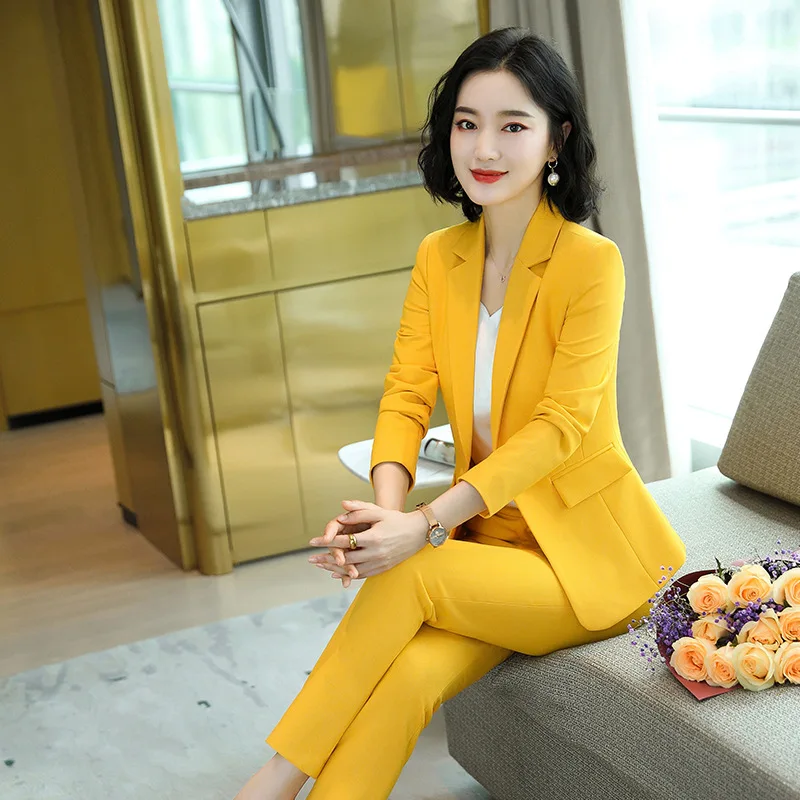 Visoka kakovost jeseni in pozimi ženske je žensko obleko hlače obleko, dvodelno, 2020 Novo Elegantno Yellow Lady Urad Jopič Slim hlače
