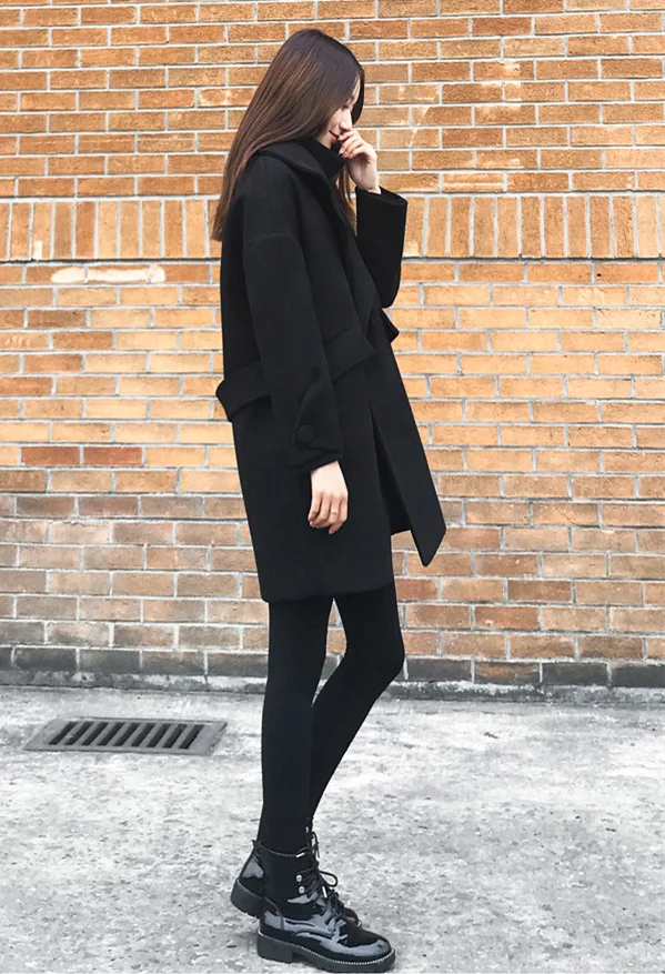 Visoka Kakovost Modnih Pomlad Jesen Nove Ženske Delajo Nositi Črno Jakno korejski Svoboden Slim Volnene Suknji Žensk Črni Plašč Ženske