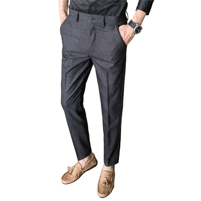 Visoka Kakovost Moških Jeseni Progastih Hlač Črna Navy Blue Modni Moški Slim Obleko Hlače Velikost 28-36