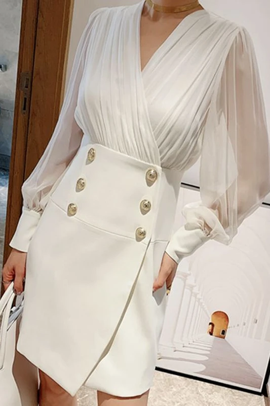 Visoka kakovost OL eleganten v-izrez bodycon mini obleka gumbi vidika luč rokav mozaik slim obleke bela črna y636
