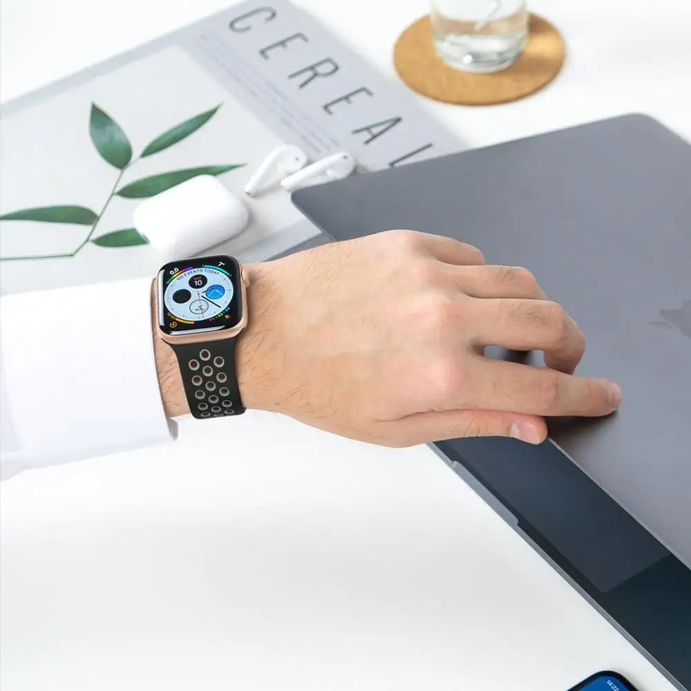 Visoka Kakovost Silikonski Trak za Apple Watch Band 38 mm 44 mm, iz Nerjavnega Jekla, Srebrne Sponke Dihanje Zamenjava za Vsako iWatch