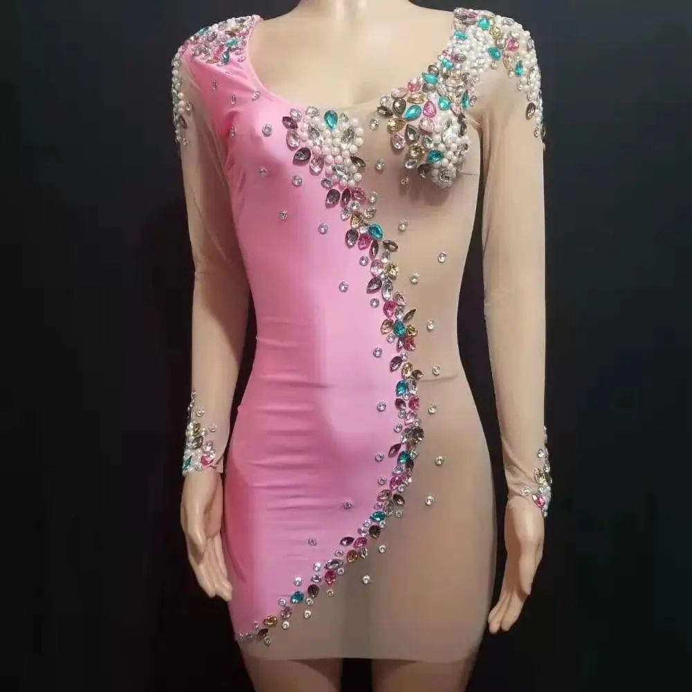 Visoko Elastična Roza Obleko Mozaik Sije Beading Bodycon DJ Klub Stranka Plesalka Kostum