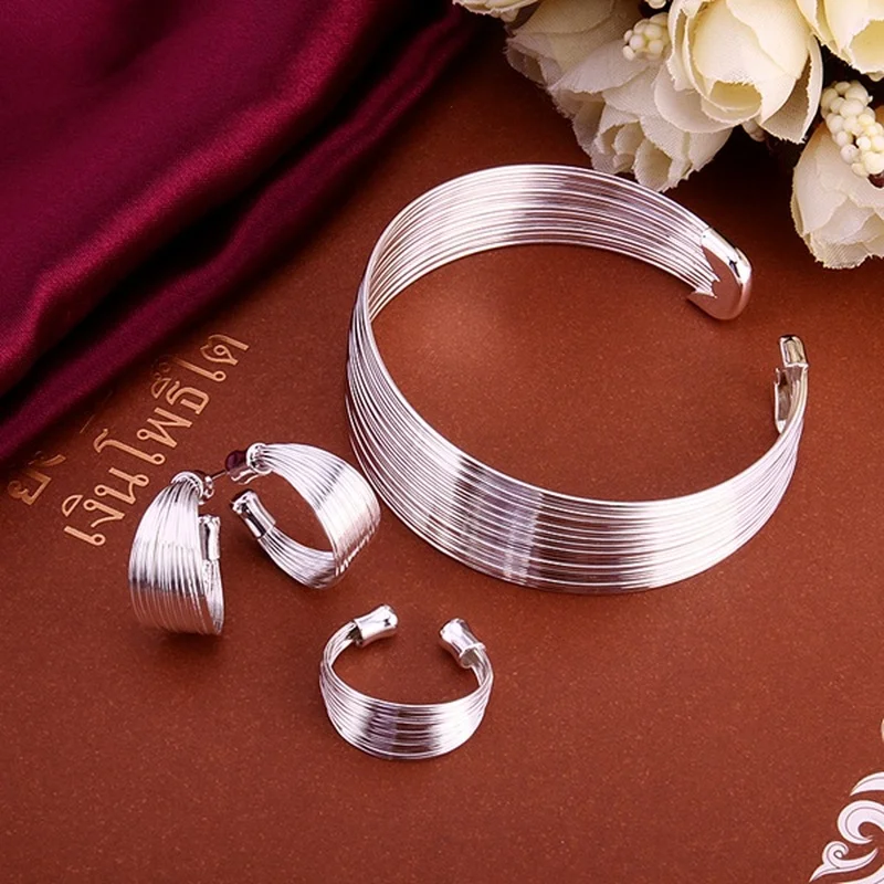 Visoko kakovost za ženske lady verige odprite srčkan bangle zapestnico, uhane, prstan moda Srebrne barve, nakit Sklopov S312