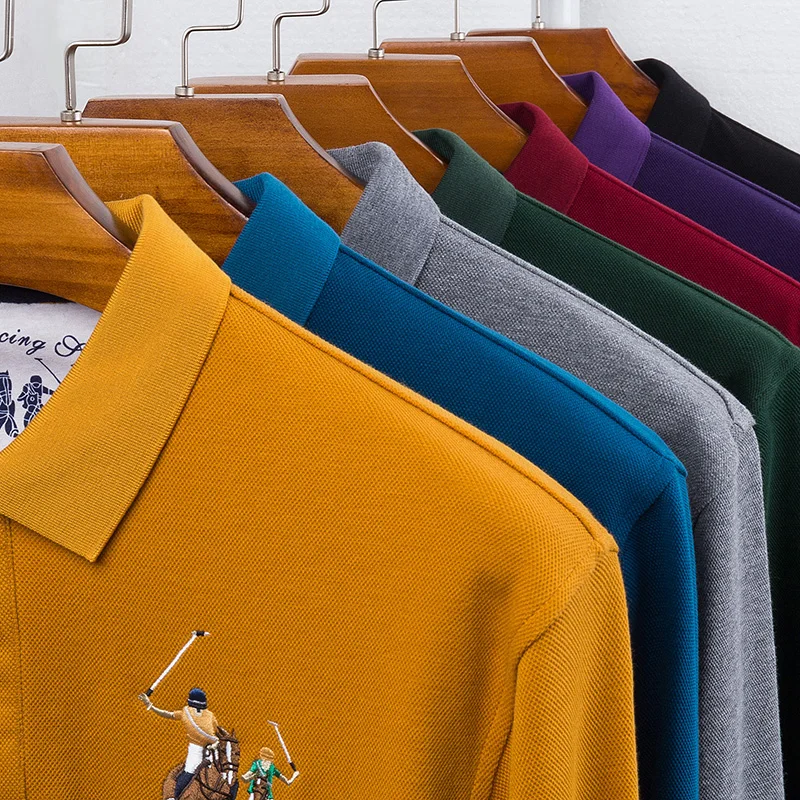 Visoko Kakovostna barva 3D Vezenje Polo Majica Priložnostne Polo Majice za moške Dolg rokav polo majica 2018 Nov Prihod polosshirt