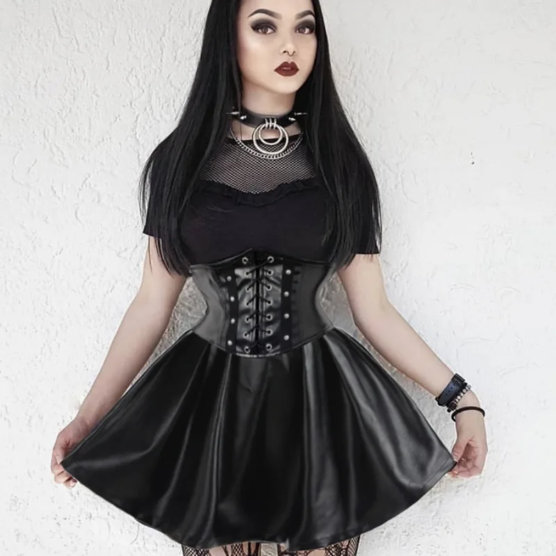 Visoko Pasu Čipke Goth Krilo Črno Črto Nagubano Usnje Mini Mujer Faldas Cortas Devil Serije Harajuku Korzet Lolita Krila
