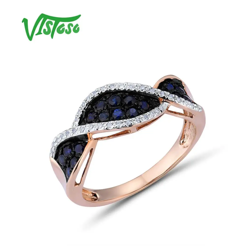 VISTOSO Zlata prstana Za Ženske Čisto 14K 585 Rose Gold Ring Peneče Diamant modra, temno Modra Luksuzni Poroko Posla Fine Nakit