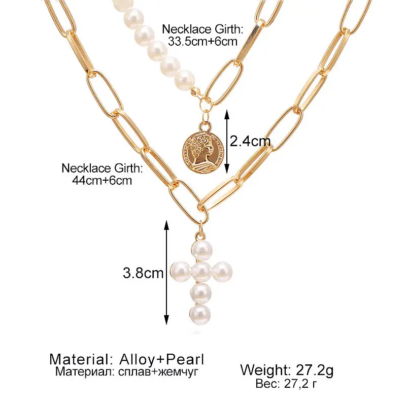 VKME Letnik boho zlato verigo ogrlica Pearl križ Obesek Večplastna ogrlica Etnične modni Nakit za Ženske dekle Stranka darilo