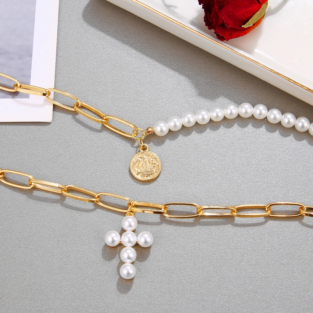 VKME Letnik boho zlato verigo ogrlica Pearl križ Obesek Večplastna ogrlica Etnične modni Nakit za Ženske dekle Stranka darilo