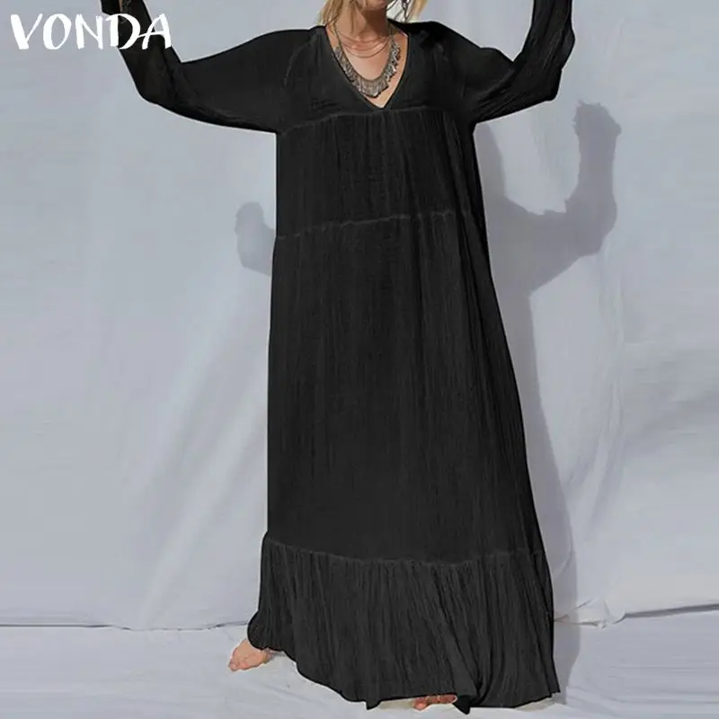 VONDA Dolgo Maxi Bohemian Oblačenja Žensk Plus Velikost 2021 Pomladni Vintage Priložnostne Svoboden V Vratu Vestido Plaži Črno Belo Obleko S-5XL