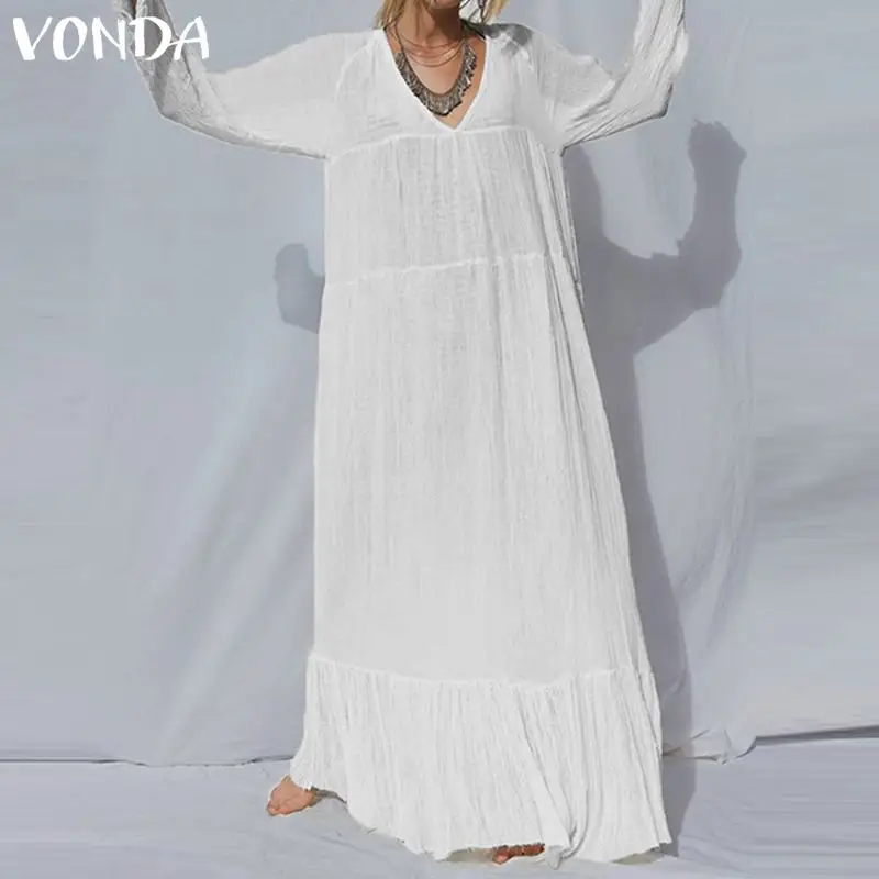 VONDA Dolgo Maxi Bohemian Oblačenja Žensk Plus Velikost 2021 Pomladni Vintage Priložnostne Svoboden V Vratu Vestido Plaži Črno Belo Obleko S-5XL