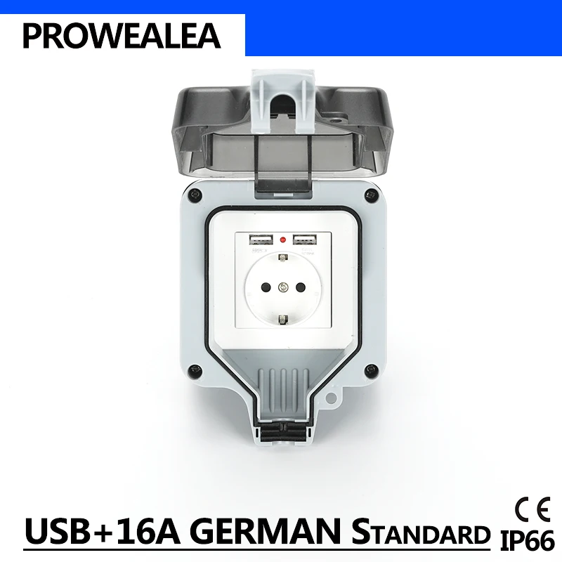 Vremensko Vtičnico USB IP66 16A nemški Standard Nepremočljiva Vtičnico na Prostem Stenske Vtičnice Ozemljeno Električno Vtičnico