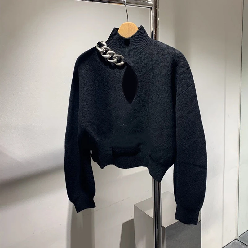 Vzletno-pristajalne steze oblikovalci turtleneck dolg rokav pleteni pulover ženske 2020 jeseni, pozimi prevelik black plesti potegnite femme hiver