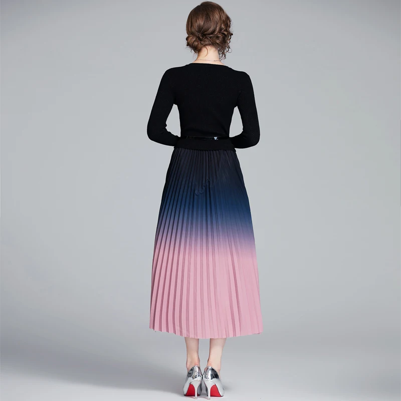Vzletno-pristajalne steze Plesti Naguban Pulover Obleko 2020 Visoka Kakovost, elegantna pletene Mozaik Obleko gradient naguban pulover Dolge Obleke
