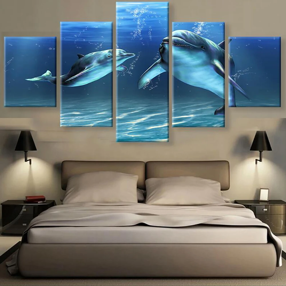 Wall Art Platno Slikarstvo HD Fotografij Doma Dekor Ocean Živali 5 Kosov Dolphin Modularni Otroci Soba Slike Pokrajino Umetnine Plakat