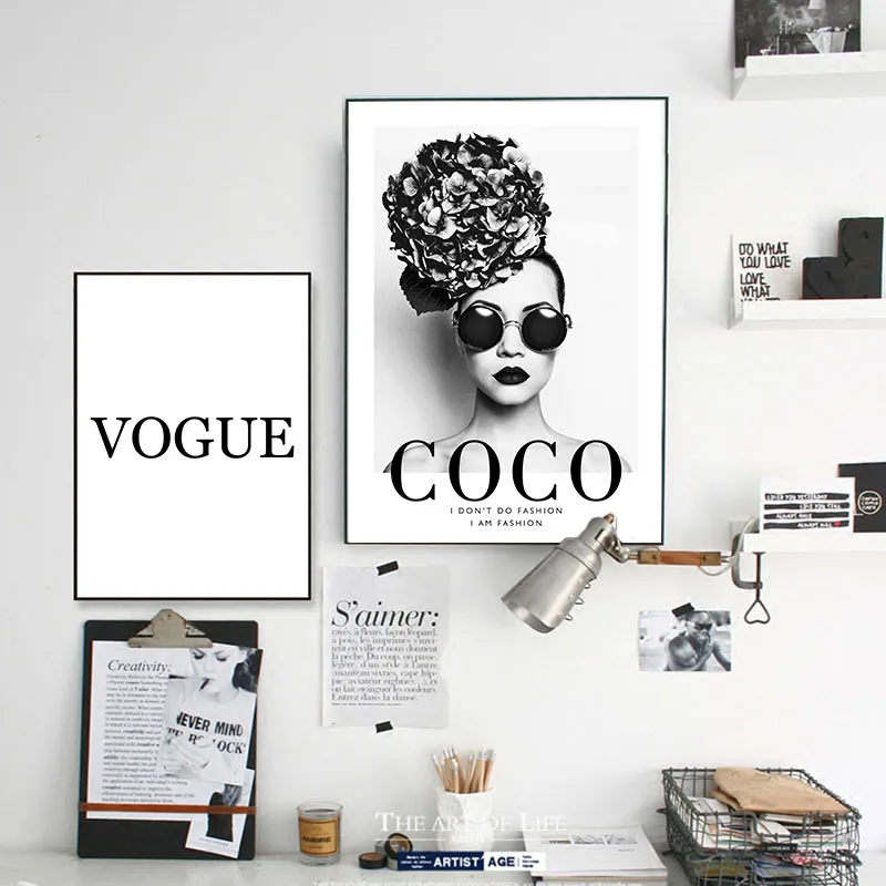 Wall Art Platno Slikarstvo Črno Bel Moda Cvet Ženska Plakat in Tiskanje Coco Ponudbe Modi Slike za Dnevni Sobi Doma Dekor