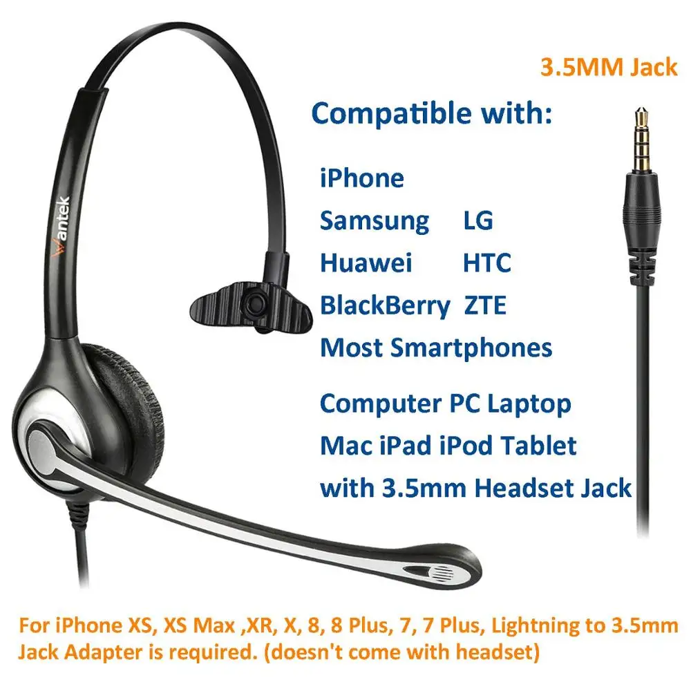 Wantek A600J35 Mono Slušalke z Mikrofonom 3.5 mm Jack Žično Mobilni Telefon, Slušalke za iPhone, Samsung Huawei Xiaomi Mobilnih Telefonov