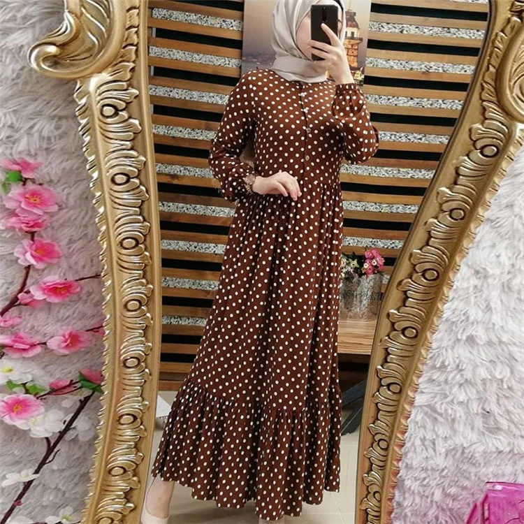WEPBEL Arabski Dubaj Plus Velikost Dolgimi Rokavi Ženske Muslimanskih Val Točke Obleke Retro Ruffle Krat Velikem Zamahu Visoko Pasu Islamska Oblačila