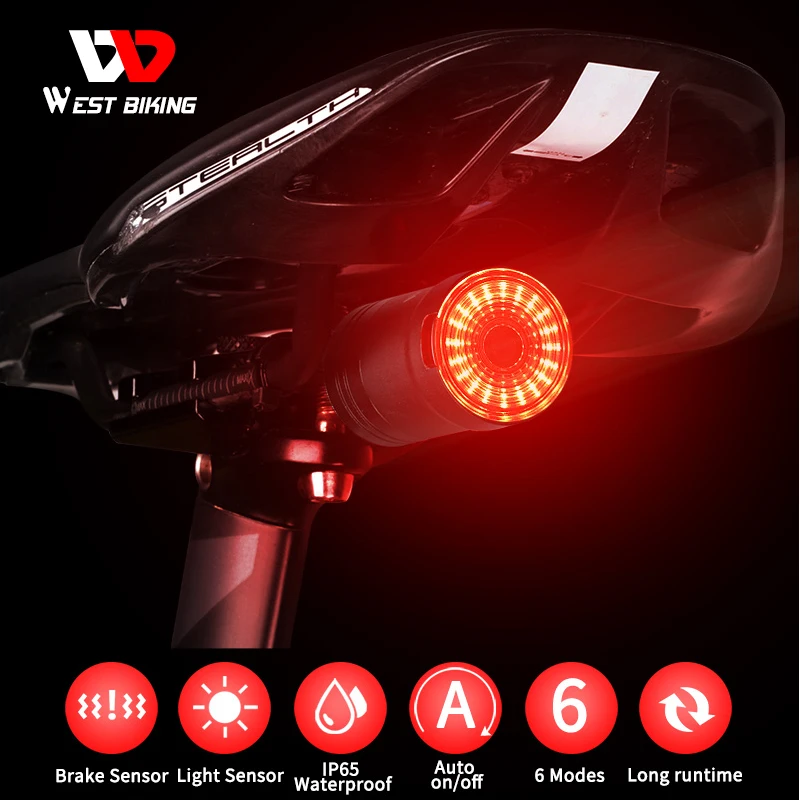 WEST KOLESARJENJE Kolo Zadnje Luči Auto Brake Smart Zaznavanja Svetlobe IPx6 Nepremočljiva kolesarska Oprema USB Charge LED Kolesarska Luč