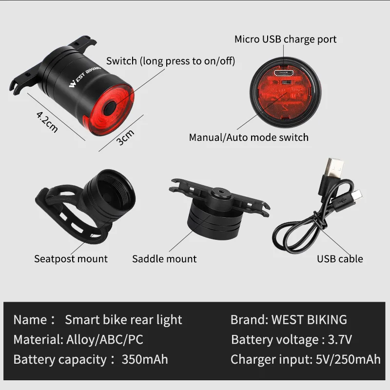 WEST KOLESARJENJE Kolo Zadnje Luči Auto Brake Smart Zaznavanja Svetlobe IPx6 Nepremočljiva kolesarska Oprema USB Charge LED Kolesarska Luč