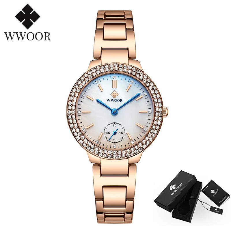 WWOOR luksuzni ženske ročno uro klasičen diamond Obleko rose zlata ura iz nerjavečega jekla Moda Quartz uro Ženska Montre Femme 2020