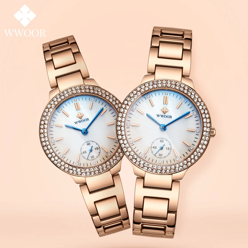 WWOOR luksuzni ženske ročno uro klasičen diamond Obleko rose zlata ura iz nerjavečega jekla Moda Quartz uro Ženska Montre Femme 2020