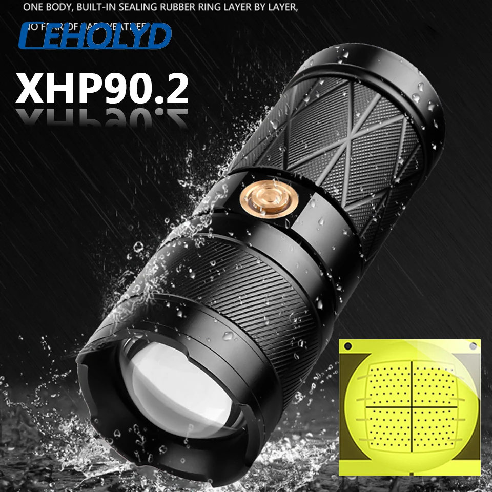 XHP90.2 4-core Zgrajena v Baterije Super Svetla Led Dvojno Glavo Svetilka Nepremočljiva Polnilna Zoomable Baklo Luči Luč