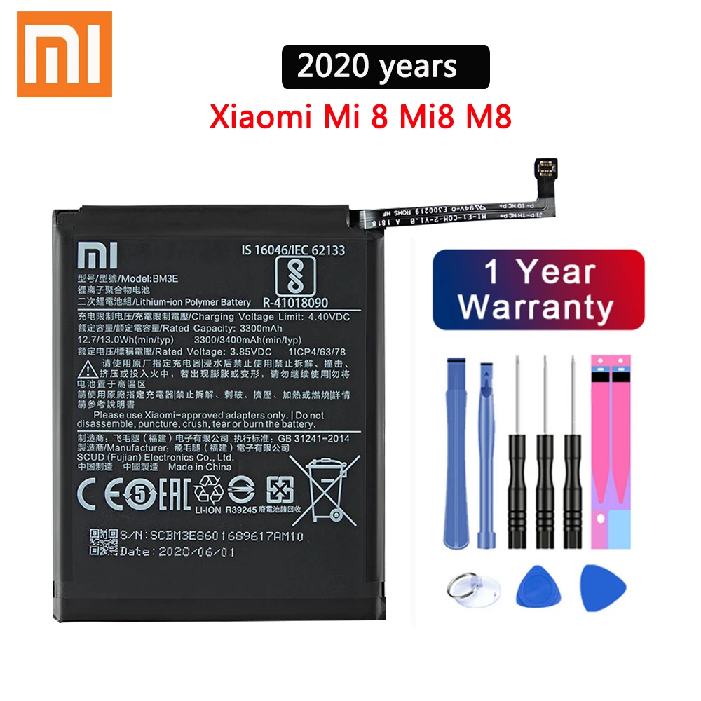Xiao Mi Original Baterijo Telefona BM3E za Xiaomi Mi 8 Mi8 M8 Pravi 3400mAh Visoke Kakovosti Zamenjava Baterije in Brezplačna Orodja