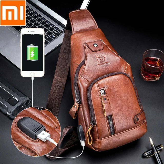 Xiaomi Moški trend prsih vrečko vrhnjo plast cowhide Prostem prosti čas polnjenja s kablom USB messenger bag Pravega Usnja crossbody Ramo Torbe