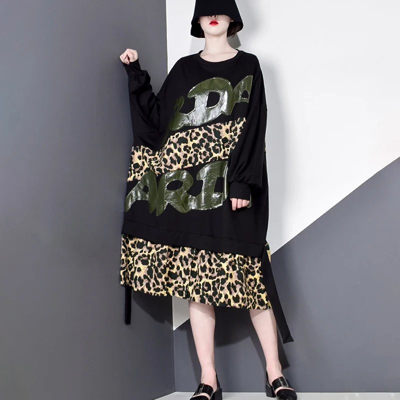 XITAO Leopard Mozaik Traku Obleka Ženske 2020 Jeseni Trend Nov Modni Slog, O Vratu Ovratnik Dolgo Batwing Rokav Svoboden GCC3997