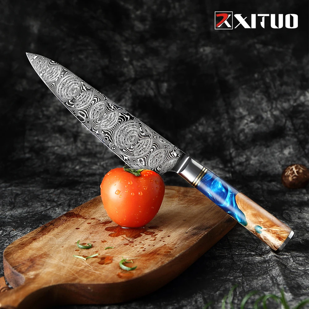 XITUO v Prahu Damask Jekla VG10 Kuhar Nož Cleaver Odrezanje Ribje Meso Kuhinjski Nož Modra Smolo in Barvo Lesa Ročaj Kuhanje Orodje