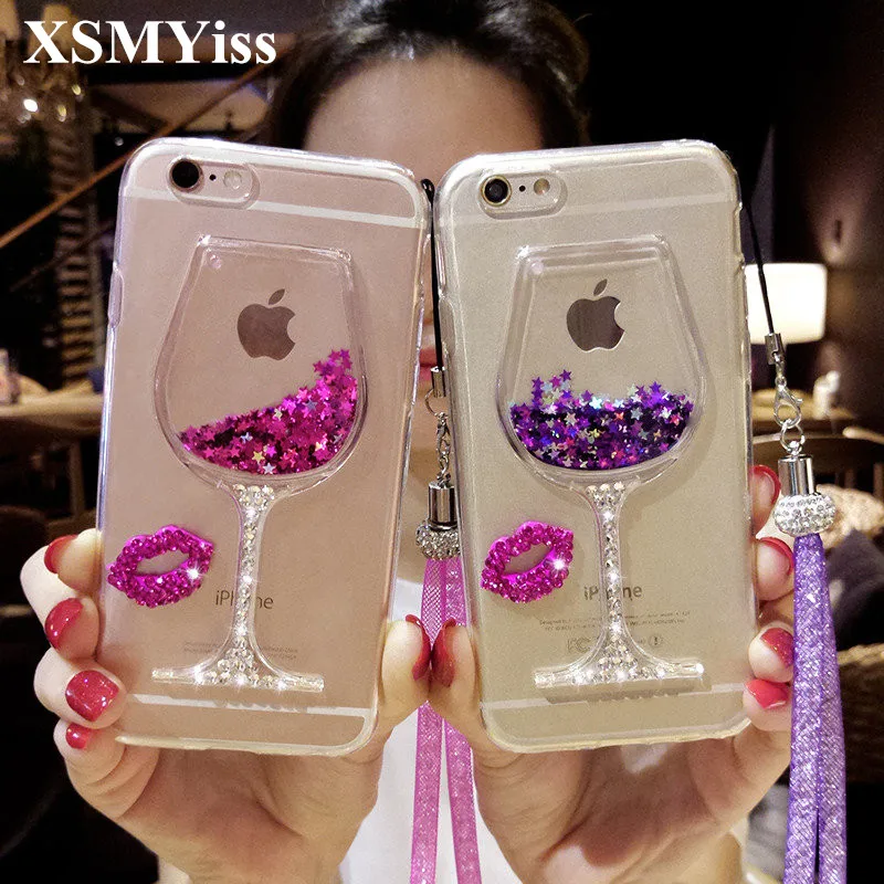 XSMYiss Za iPhone12 11 XS MAX XR 6 7 8 PLUS Nosorogovo Diamond Bling Ustnice, Tekočine pesek, Rdeče vino, steklo, Hitro-pesek mehko primeru telefon