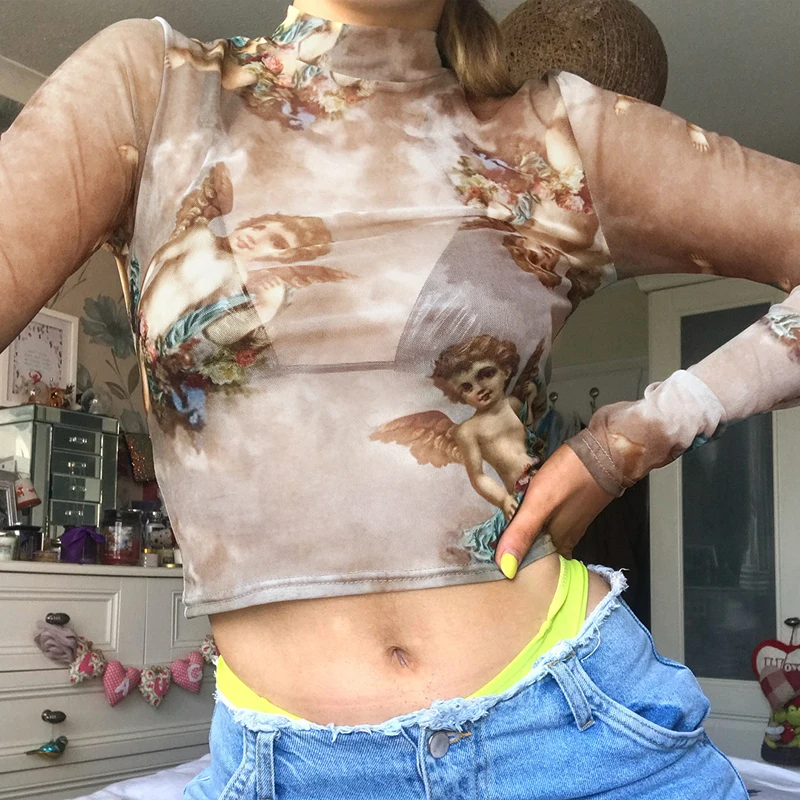 Y2K E-dekle Sexy Majica s kratkimi rokavi Ženske Vidijo Skozi Pregledne Očesa Vrh Dolg Rokav Odklon Slim Ženske Turtleneck T-Shirt 2020 Nov Prihod