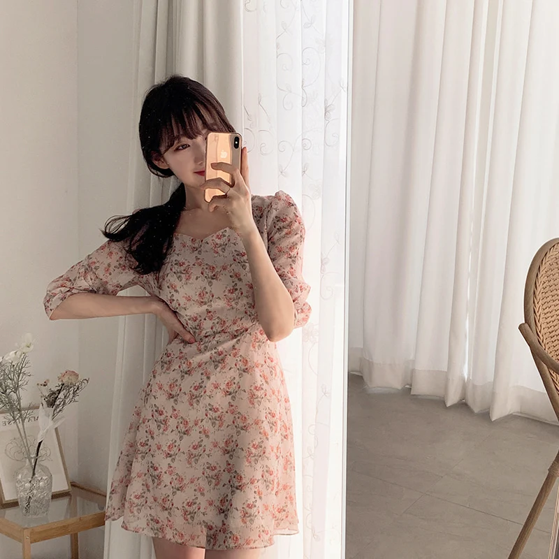 YAMDI poletje kratek rokav 2020-line mini obleka ženske kvadratnih ovratnik cvjetnim tiskanja stranka korejski obleke ženska elegantna vintage new