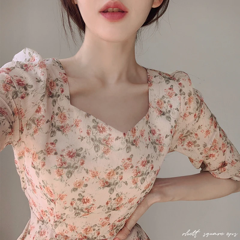 YAMDI poletje kratek rokav 2020-line mini obleka ženske kvadratnih ovratnik cvjetnim tiskanja stranka korejski obleke ženska elegantna vintage new
