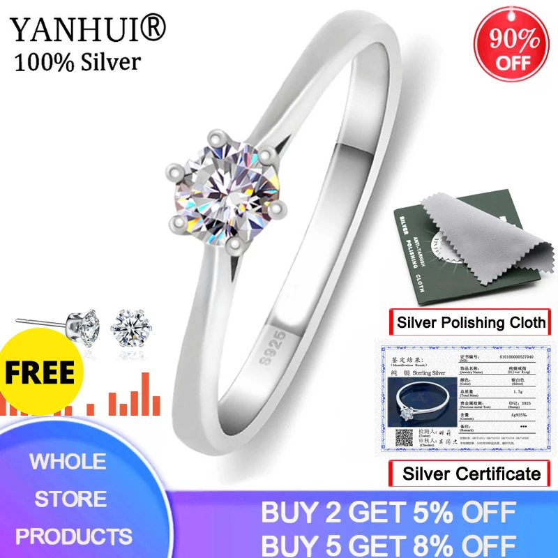 YANHUI Imajo Certifikat Prvotne 925 Solid Silver 6 mm 1.0 ct CZ Diamant Udejstvovanje Poročni Prstani za Ženske Fine Nakit R040