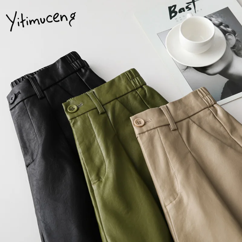 Yitimuceng pu usnja ženske hlače kratke harajuku korejski črne hlače visoko pasu usnje kratke hlače elastični pas naravnost hlače