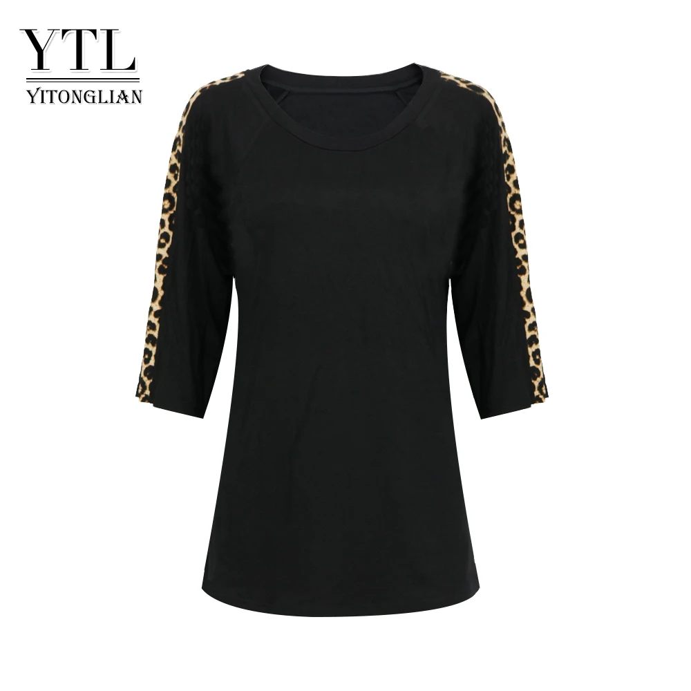 Yitonglian Ženske Mode Plus Velikost Bombaža T-shirt Mozaik Leopard Trdna Priložnostne Tunika Vrhovi okoli Vratu T Srajce Ženski H408
