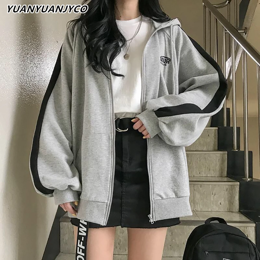 YUANYUANJYCO jeseni mozaik hoodies ženske zip gor hoodie kpop long sleeve majica harajuku siva sweatshirts 2020