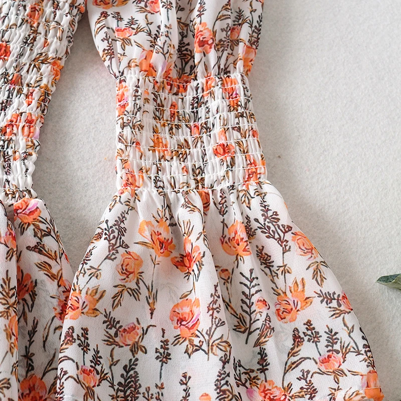 ZA leto 2020 nov modni Cvetlični rose tiskanja Pastorala francoski obleko O-vratu Puff rokav Ženska obleka vitek pas elegantna stranke obleke