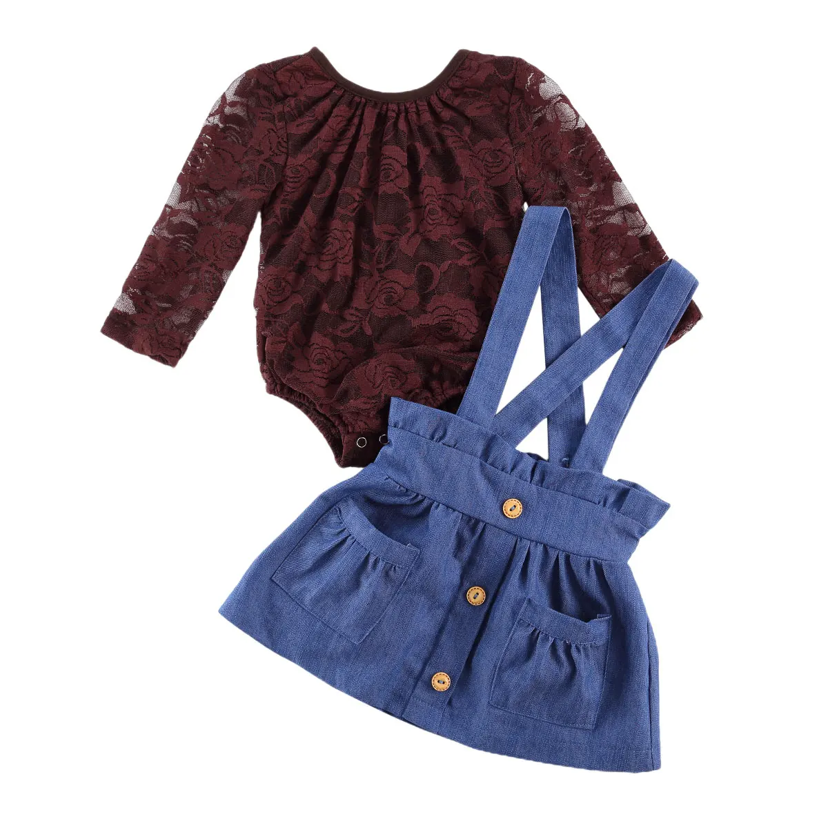 Za Malčke Baby Dekleta Obleke, Kompleti Čipke Dolg Rokav Romper Top Blue Denim Gumbi Žep Kombinezona Obleko